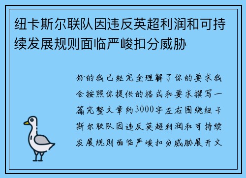 纽卡斯尔联队因违反英超利润和可持续发展规则面临严峻扣分威胁 纽卡斯尔联队因违反英超利润和可持续发展规则面临严峻扣分威胁