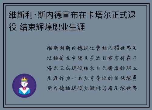 维斯利·斯内德宣布在卡塔尔正式退役 结束辉煌职业生涯 维斯利·斯内德宣布在卡塔尔正式退役 结束辉煌职业生涯